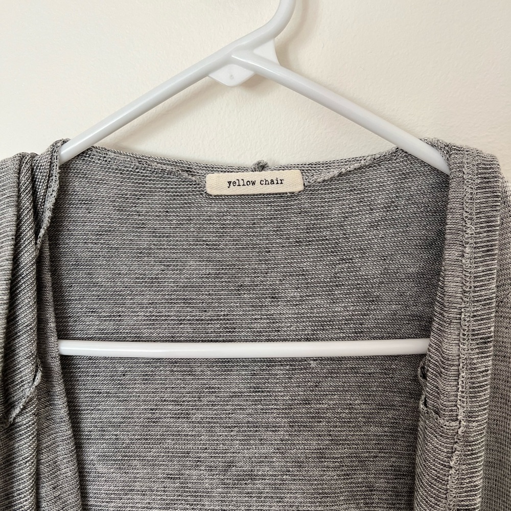 yellow chair Grey Hooded Cardigan. Purchased at Bohme.